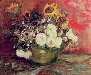 Girassóis, rosas e outras flores em uma tigela, 1886